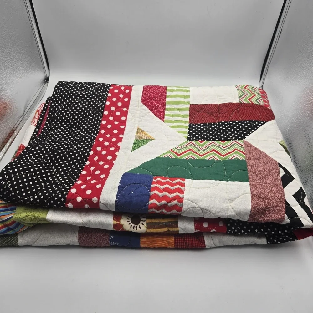VTG Hand-quilted Scrap Quilt Colorful GrandmaCore CottageCore Double Side Geo